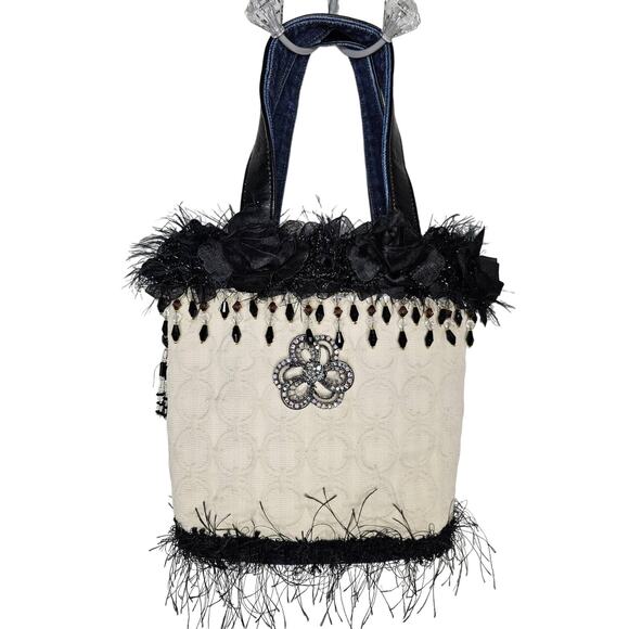 Handmade Handbags - HANDMADE Black Roses Cream Crystals Fringe Pocketbook Homemade Signed GIFT